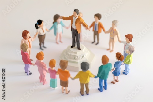 Low-poly style group of people holding hands in a circle around a central leader figure.