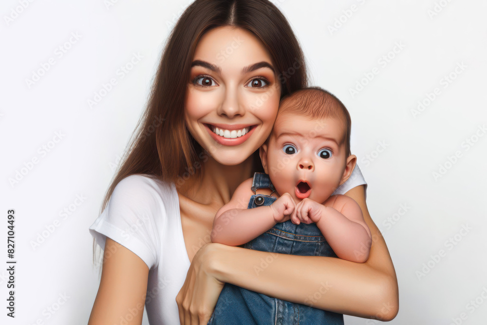 woman tightly hugging funny surprised baby Isolated on white background woman tightly hugging funny surprised baby Isolated on white background