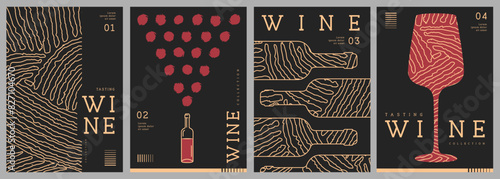 Set of modern line art magazine covers or posters with wine bottles, glasses and abstract texture. Restaurant menu design. Vector illustration