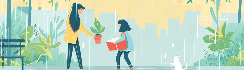 Mother and daughter performing daily activities together reading book, planting tree, walking under rain, playing sports game, iceskating, painting, washing cat Flat colored vector illustration, clos Mother and daughter performing daily activities together reading book, planting tree, walking under rain, playing sports game, iceskating, painting, washing cat Flat colored vector illustration, clos