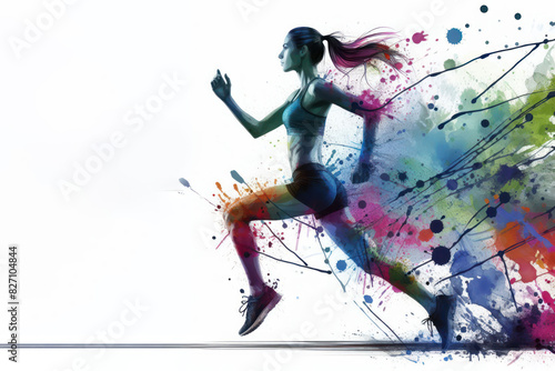 A woman runner abstract color ink splash on a white background