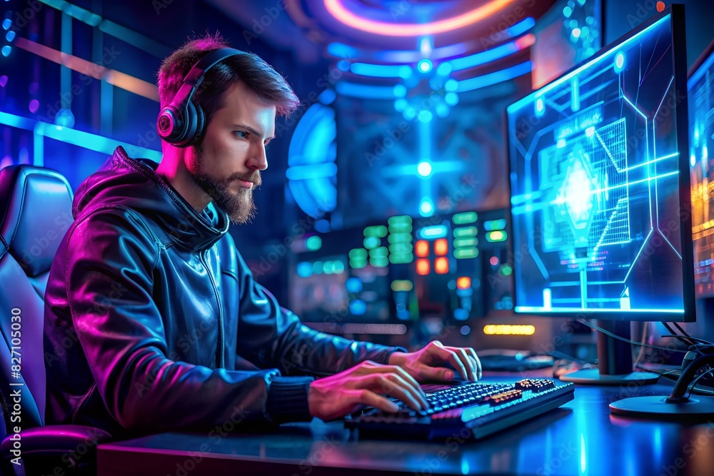 A developer typing on a keyboard with security firewall graphics in the foreground, Secure Software Development, blurred background, with copy space