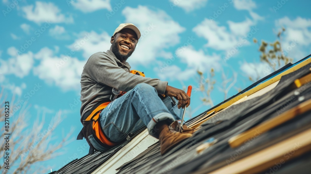Happy roofer with protective gear and tools working on roof Happy roofer with protective gear and tools working on roof