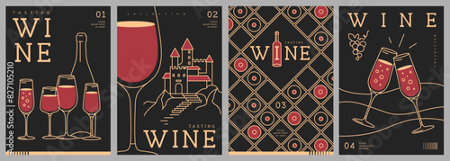 Set of modern line art magazine covers or posters with wine bottles and glasses. Restaurant menu design. Vector illustration