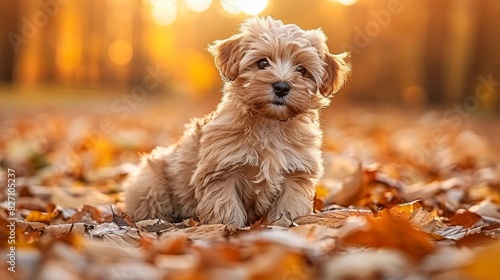  A small brown dog sits atop a wooded mound, enveloped by autumnal leaves Sunbeams filter through tree limbs behind Scattered leaves rest at foot photo
