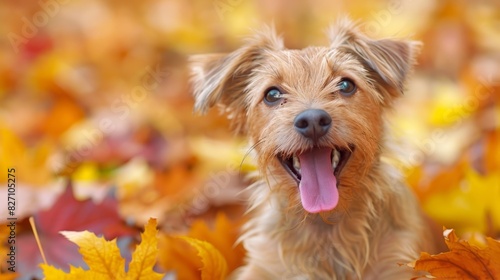  A close-up of a dog lying in a pile of leaves with its tongue out