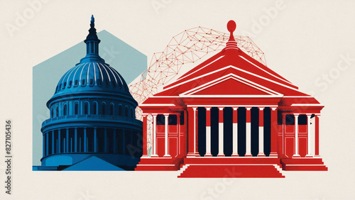 An Illustration of Bicameralism Depicting the Legislative Process with the Senate in Deep Blue Hues and the House of Representatives Boldly Illustrated in Red photo