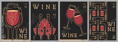 Set of modern line art magazine covers or posters with wine bottles and glasses. Restaurant menu design. Vector illustration