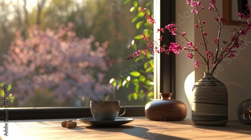 Work table with a cup, a vase, a picture in the background of the window, Generated AI