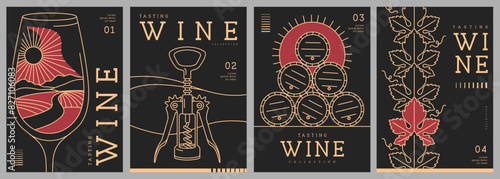 Set of modern line art magazine covers or posters with wine glass, corkscrew and barrels. Restaurant menu design. Vector illustration