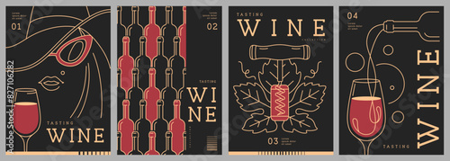 Set of modern line art magazine covers or posters with wine bottles and glasses. Restaurant menu design. Vector illustration