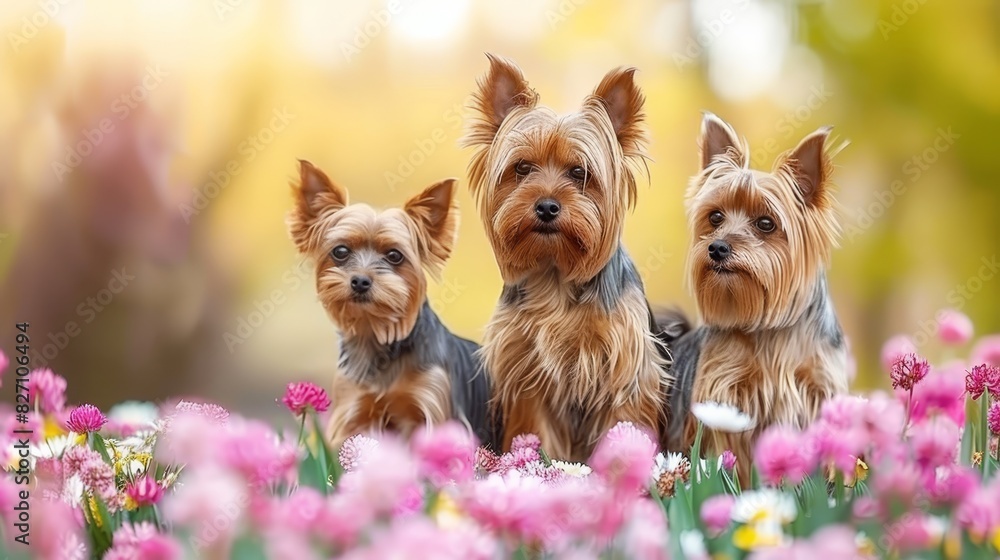  Three small dogs stand together on a pink-and-white flower field, facing a forest of pink, yellow, and white blooms