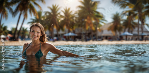 Young woman swimming in the sea. Bokeh style background. Concept for travel, vacation with copy space. Summer romantic background.