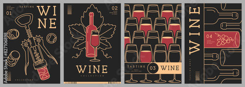 Set of modern line art magazine covers or posters with wine bottles and glasses. Restaurant menu design. Vector illustration