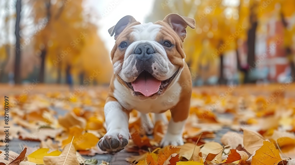  A close-up of a dog running through a field of leaves with its mouth open and tongue hanging out