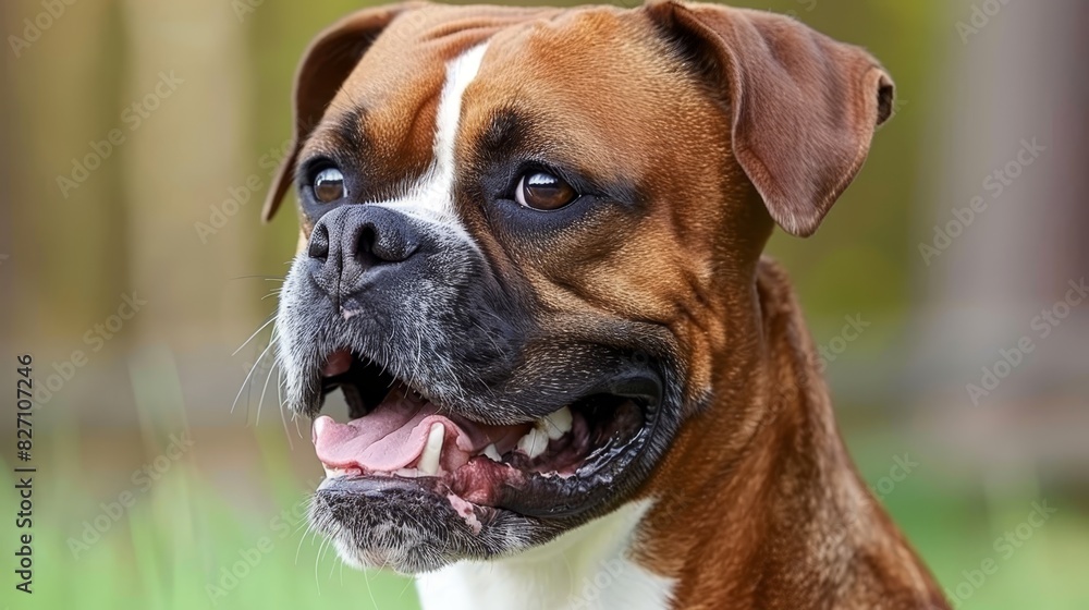  A tight shot of a brown-and-white dog with its mouth agape, revealing its tongue