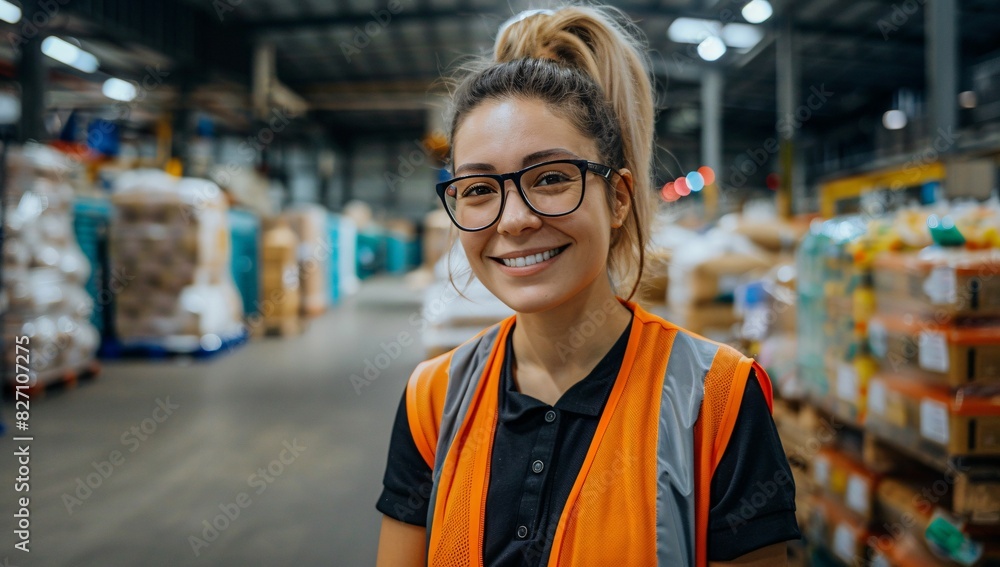 © ZenArt - Smiling warehouse worker in orange vest in busy factory. Cinematic lighting