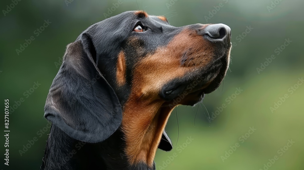  A close-up of a dog's face with a blurred background of trees