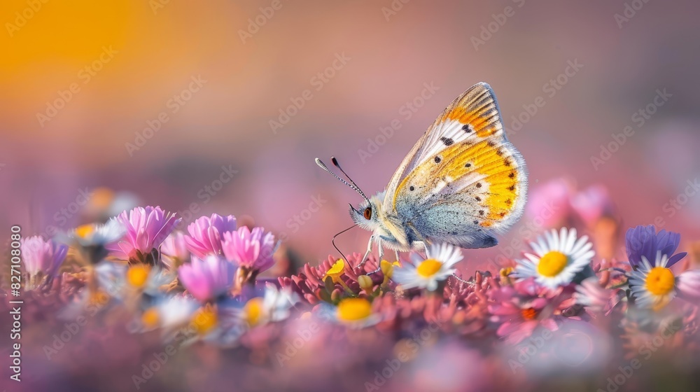 Obraz premium A close-up of a butterfly above a blurred backdrop of pink, yellow, and white flowers, including daisies, in the foreground