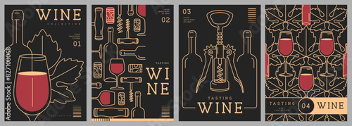 Set of modern line art magazine covers or posters with wine bottles and glasses. Restaurant menu design. Vector illustration