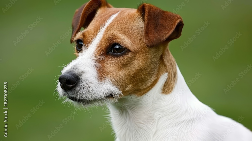  A clear shot of a brown and white dog's face with a blurred green background, featuring distant blurred grass