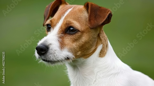  A clear shot of a brown and white dog's face with a blurred green background, featuring distant blurred grass © Mikus