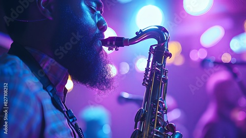 Black man with beard playing saxophone on stage in club. close up. purple light, blue and pink background.