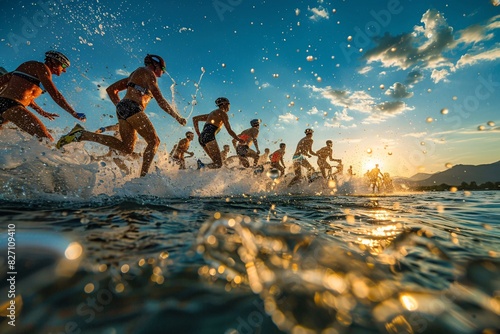 A demanding and exhilarating moment in a triathlon, capturing the endurance, versatility, and determination of the athletes as they swim, bike, and run, with a supportive crowd and scenic backdrop.