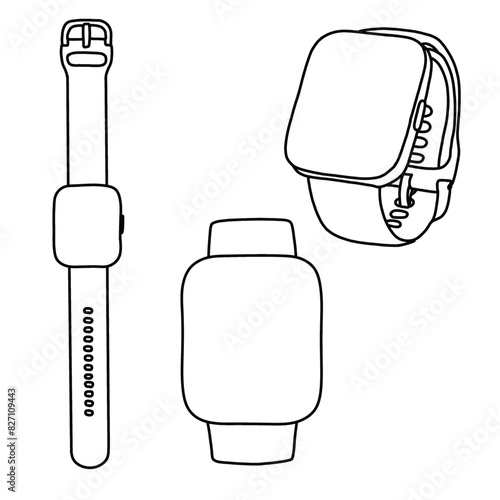 Vector illustration of smartwatch hand drawn sketch line art, top and isometric view, isolated on white background, For kids coloring book or science illustration.