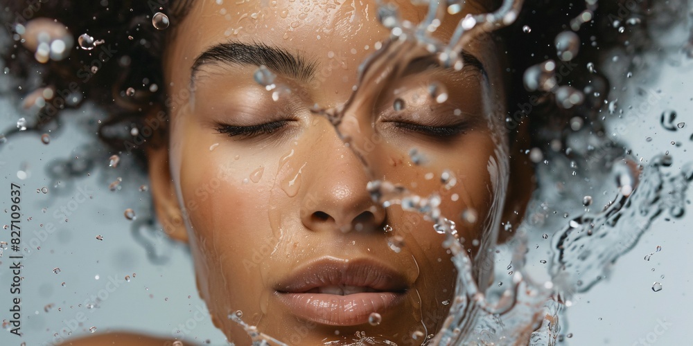 Woman enjoying water splashing on face for skin care, beauty Woman enjoying water splashing on face for skin care, beauty
