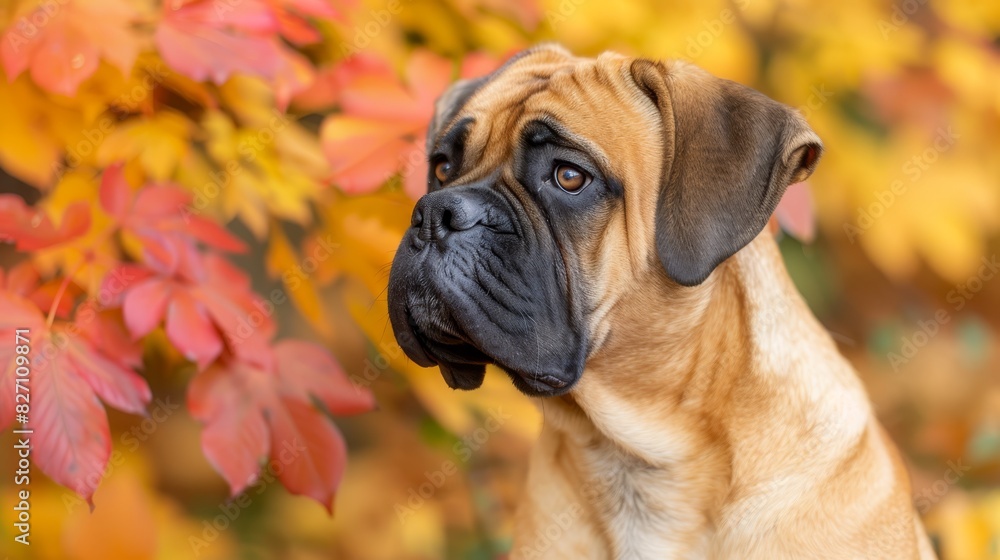 Obraz premium A brown and black dog stands before a tree, its branches adorned with red and yellow leaves Behind the dog, a yellow and orange tree emerges, its red leaves contrasting against