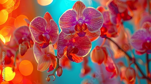  A tight shot of multiple flowers with indistinctive luminaires in the backdrop and an unclear flower in the foreground, both featuring blurred surroundings photo