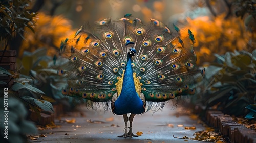 A peacock with its feathers folded, walking gracefully along a pathway in a tropical garden List of Art Media Photograph inspired by Spring magazine photo