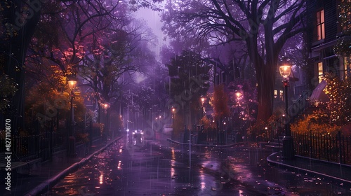 A gentle rain falling on a quiet street  the soft light creating a dreamy atmosphere in hues of purple and yellow