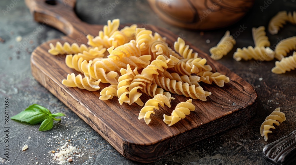 Handmade wooden cutting board with dried pasta Handmade wooden cutting board with dried pasta