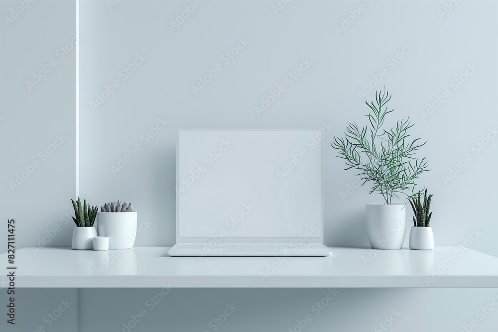 Minimalist Home Office Setup with Laptop on White Desk in Sunlit Room Minimalist Home Office Setup with Laptop on White Desk in Sunlit Room