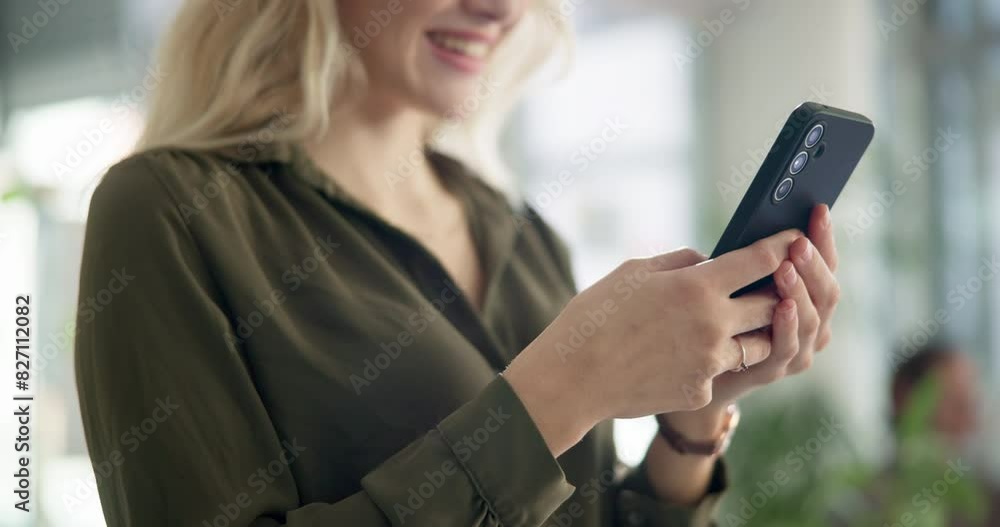 Hands, typing and business woman on smartphone in office for social media, networking or internet post. Online, scroll and employee at packaging agency for conversation, texting or notification Hands, typing and business woman on smartphone in office for social media, networking or internet post. Online, scroll and employee at packaging agency for conversation, texting or notification