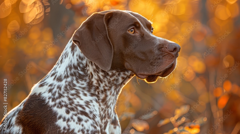  A tight shot of a canine's visage, situated before a backdrop of tree trunks and leafy foliage The dog's countenance bears a soft blur