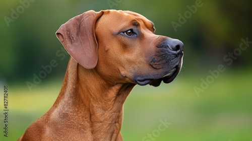  A tight shot of a dog s face with blurred grass and trees in both foreground and background