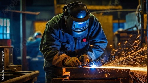 Industrial Welder Wearing Protective Gear in Factory Setting
