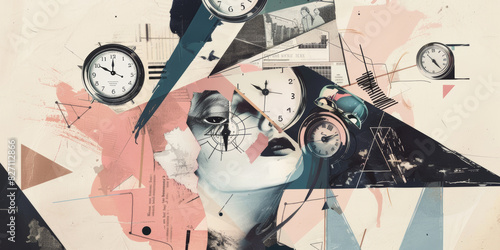 Abstract Visual Art Featuring Clocks and Geometric Shapes with a Surreal Female Portrait photo