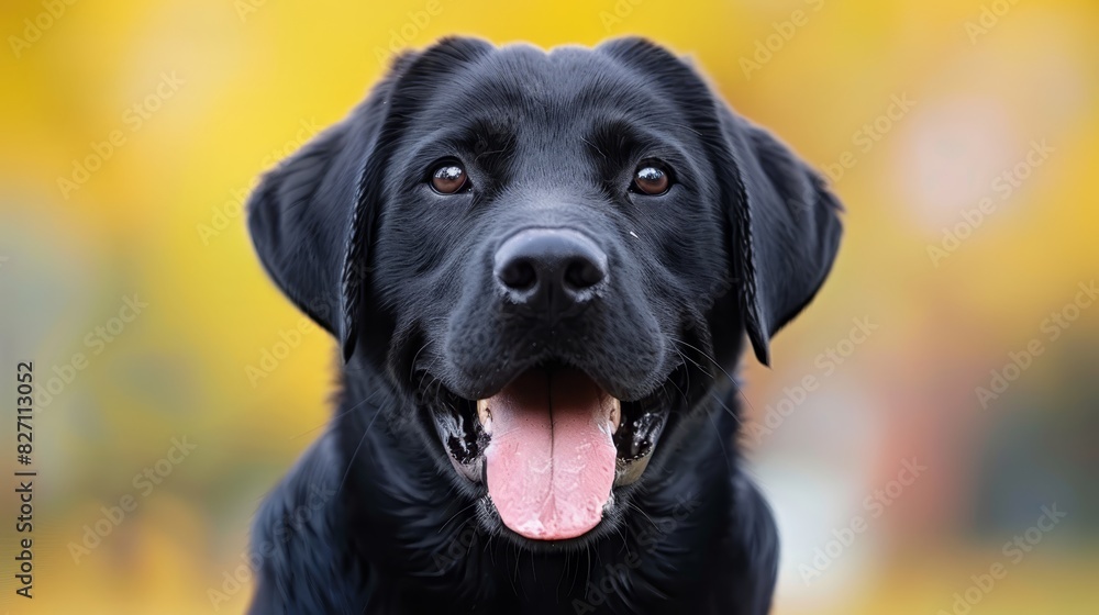  A close-up of a black dog's face with its tongue hanging out and its jaw widened
