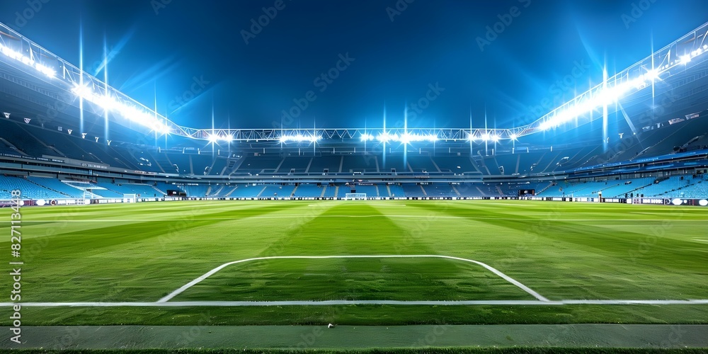Soccer stadium with bright lights green field and competitive atmosphere. Concept Soccer Match, Bright Lights, Green Field, Competitive Atmosphere, Stadium Spectacle Soccer stadium with bright lights green field and competitive atmosphere. Concept Soccer Match, Bright Lights, Green Field, Competitive Atmosphere, Stadium Spectacle