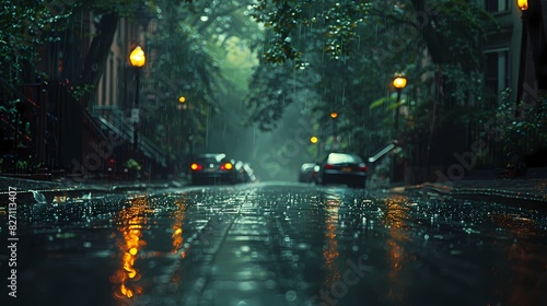 A gentle rain falling on a quiet street, the soft light creating a dreamy atmosphere © Nazia