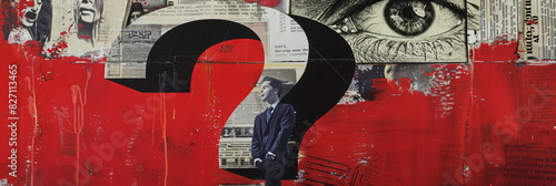 Artistic Red Street Mural with Newspaper Clippings, Question Mark, and Pensive Man