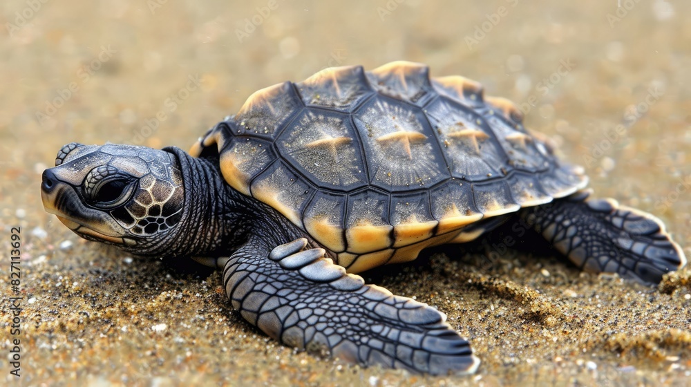Newborn Golfina turtle heading towards the ocean for the first time from a Mexican beach Newborn Golfina turtle heading towards the ocean for the first time from a Mexican beach