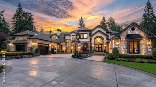 front view of a luxury home with a large driveway, exterior photography, a beautiful sunset sky, white stone and a black roof, a mansion