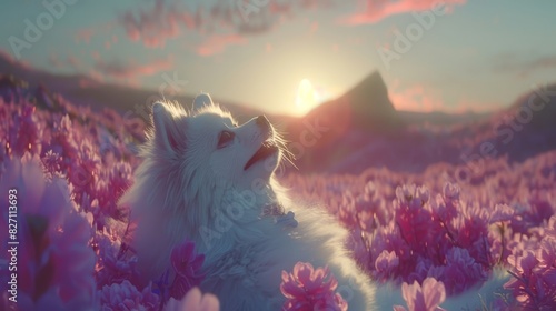  A white dog sits in a field of purple flowers Sun sets in the distance, casting long shadows Mountain distantly features pink blooms in foreground photo