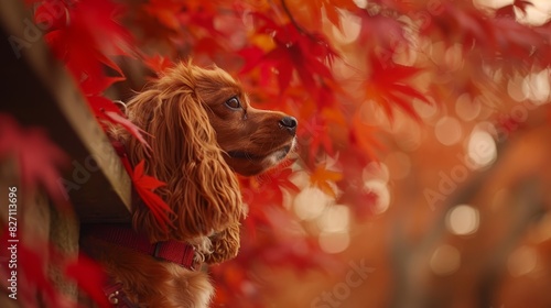  A tight shot of a dog on a leash, gazing at a tree adorned with scarlet leaves Nearby stands a building, its facade marked by a clock on the