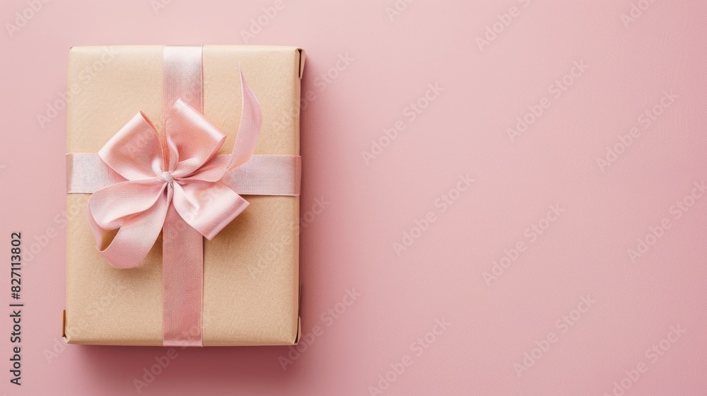 A gift box with a decorative ribbon bow, set on a flat lay solid color background with dried flowers and tropical leaves, featuring ample area for copy A gift box with a decorative ribbon bow, set on a flat lay solid color background with dried flowers and tropical leaves, featuring ample area for copy